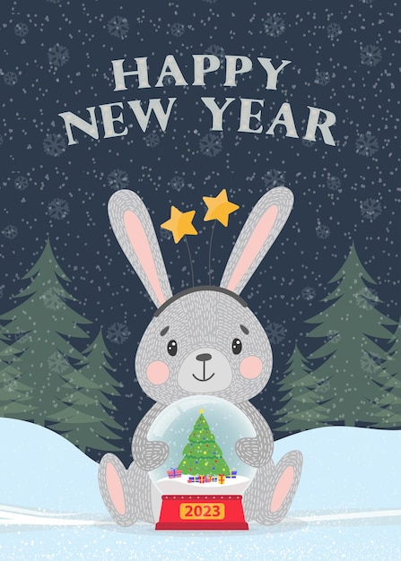 Winter greeting card with a cute rabbit and the inscription Happy New Year