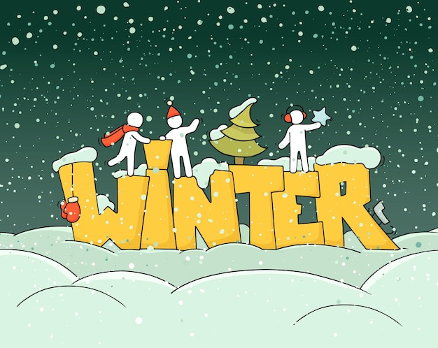 Cartello di auguri invernale sfondo vettoriale disegnato a mano con decorazioni di neve albero di natale