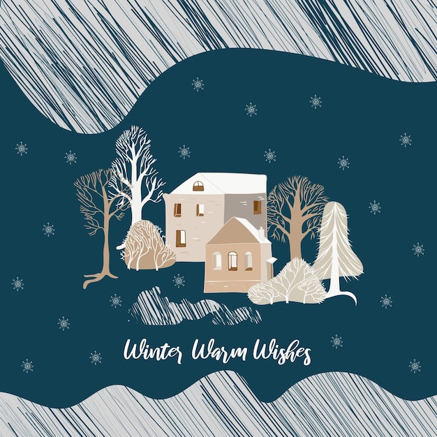 Vector winter hand drawn design template with houses trees and bushes for greeting card design elements