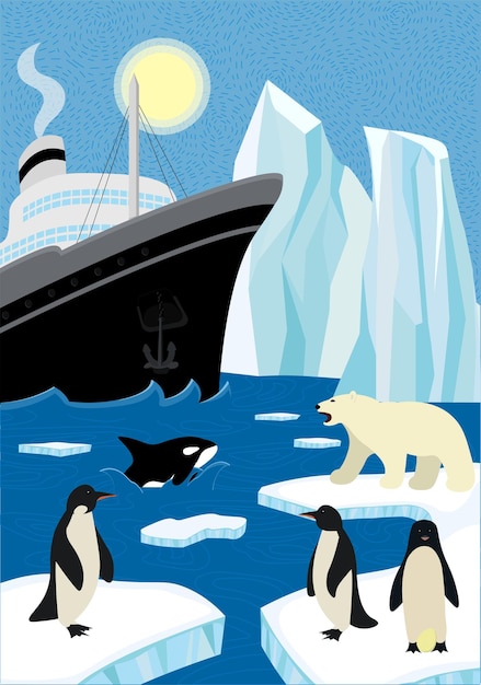 ベクトル 野生生物の北の船積みの冬の手描きのポスター。北の海で砕氷船と氷山を航海します。流氷の上に座っているホッキョクグマとペンギン、キラークマが波から現れます。北極および南極のeps