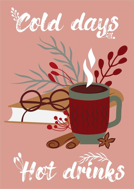 Vector winter happy holidays cold days hot drinks cozy vector collection in red and green colors winter posters ready made compositions cute hygge style