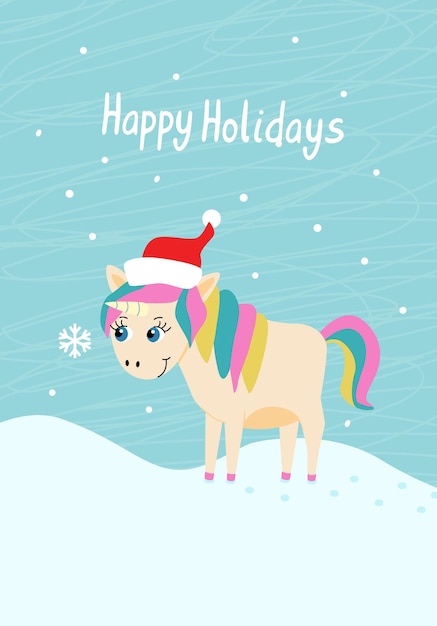 Winter Happy Holidays greeting card with a cute little unicorn with a snowflake