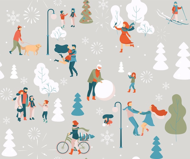 Winter happy people walking outdoors in park Seamless pattern Flat style