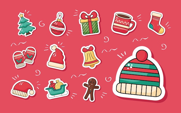 冬の帽子アクセサリーとセットのステッカーアイコンイラストデザイン