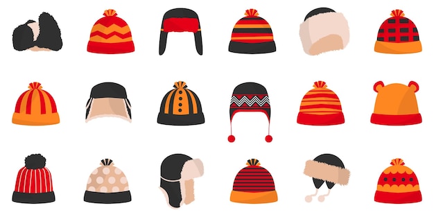 Winter hat or cap icons Beanie collection in a flat design Color winter hats set