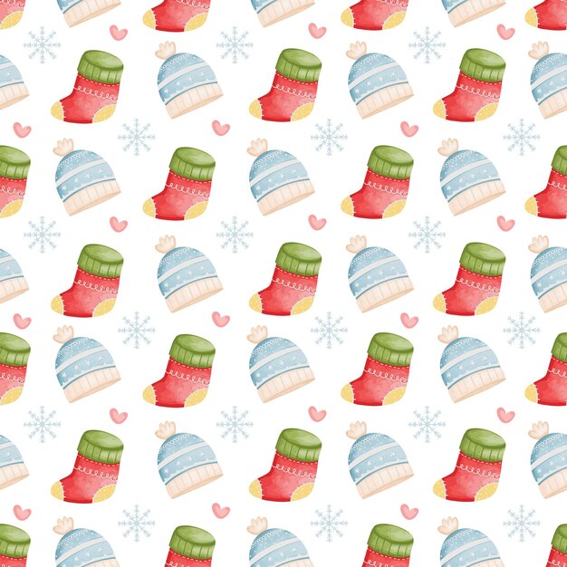Winter Hat and Sock Seamless Pattern Vector Illustration Background
