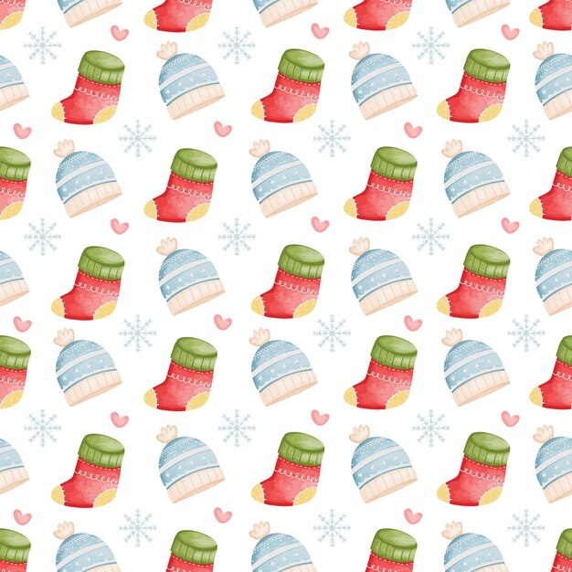 Winter Hat and Sock Seamless Pattern Vector Illustration Background