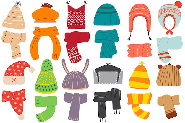 Vector winter hats. collection of colouring woolen cotton knitting autumnal wintry headwear hats and scarf for kids. childish knitted autumn garment and accessories for cold seasonal weather illustration.