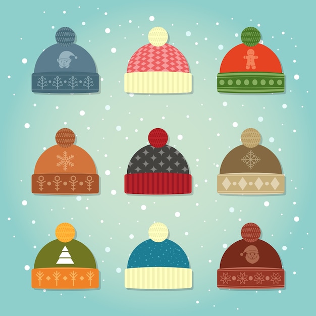 ベクトル 冬の帽子コレクションセット