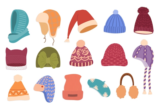 Vector winter hats hand drawn color illustration set.