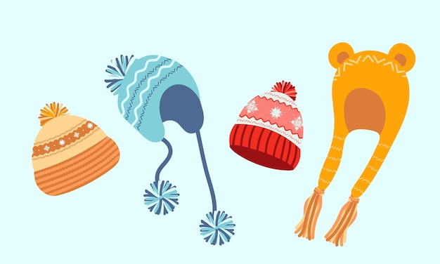 Vector winter hats set warm headwear vector illustration