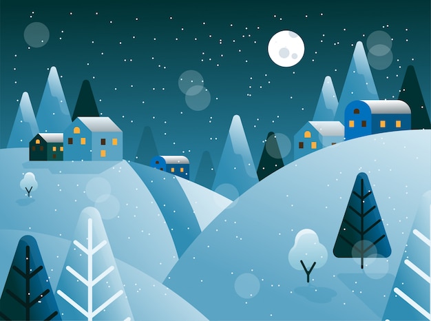 Winter Hill Panorama Night with Moon Light and Trees Vector