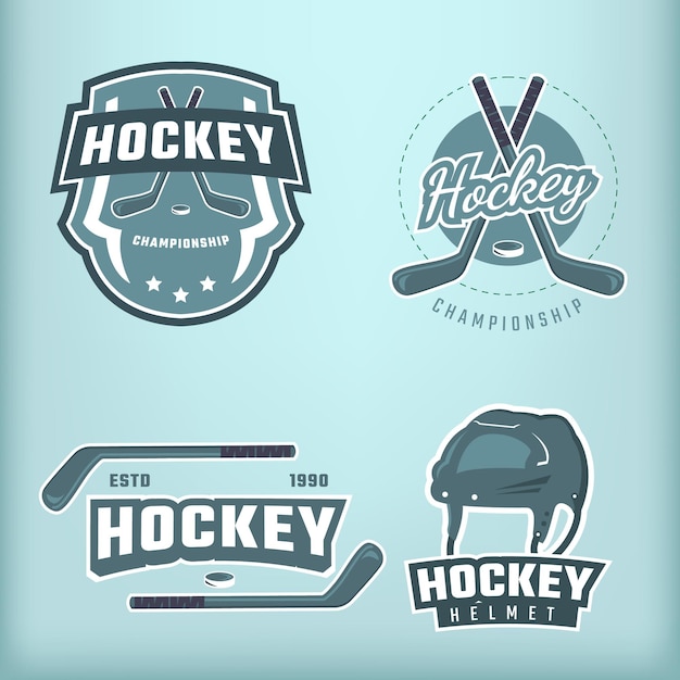 Winter hockey championship sports labels and badges with match\
kits on light blue background