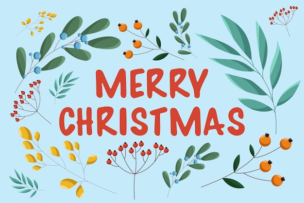 Vector winter holiday card with various winter plants merry christmas holiday concept