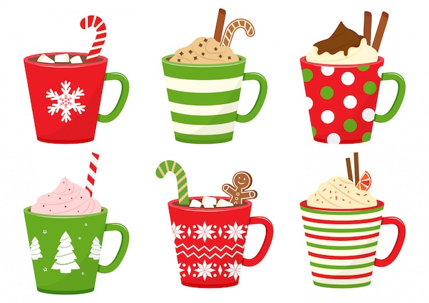 Winter holiday cups with hot drinks. mugs with hot chocolate, cocoa or coffee, and cream. gingerbread man cookie, candy cane, cinnamon sticks, marshmallows.