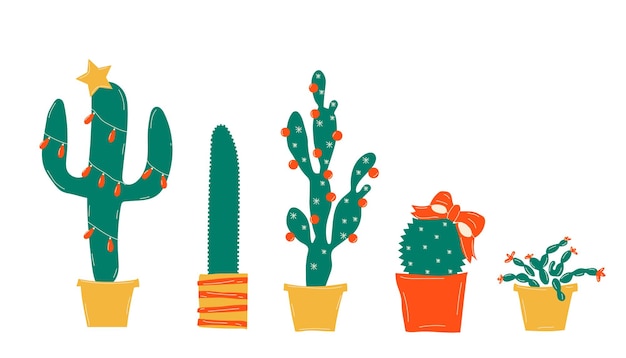 Decorazioni per le vacanze invernali. cactus di natale, rami in stile scandinavo e giocattoli per alberi di natale