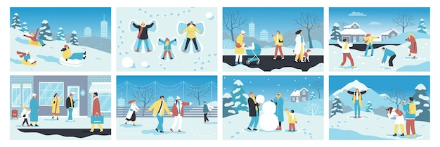 Vector winter holiday flat set with people in warm outwear having fun outdoors isolated vector illustration