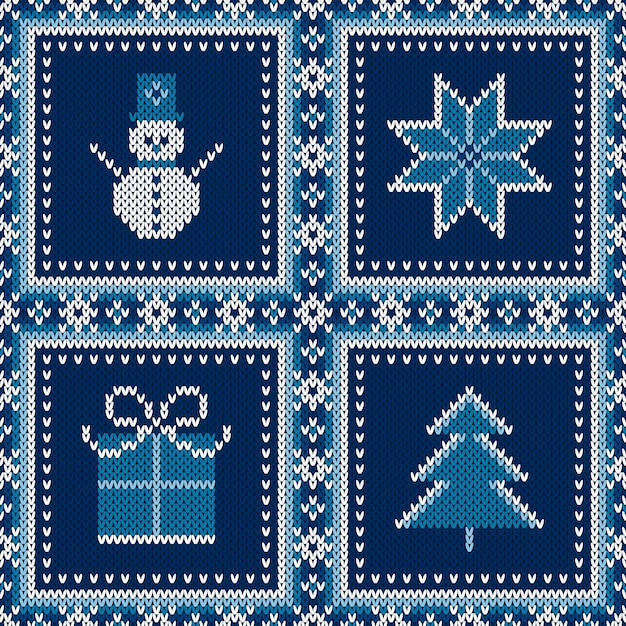 ベクトル 雪だるまスノーフレークプレゼントボックスとクリスマスツリーと冬の休日のニットパターン