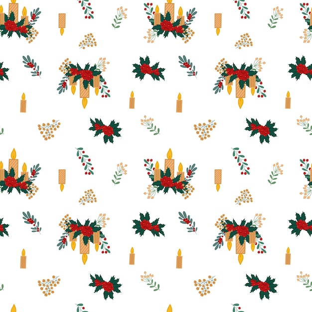 Winter holiday plant holly with red berries and yellow candles seamless pattern