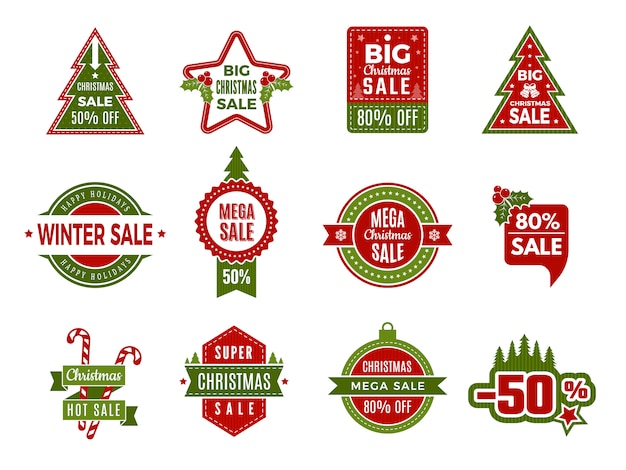 Winter holiday sales. christmas badges or labels retail discount deals holidays special offers of new year  template