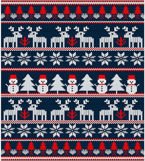 Winter Holiday Seamless Knit Pattern with a Christmas Symbol Snowman Deer Tree