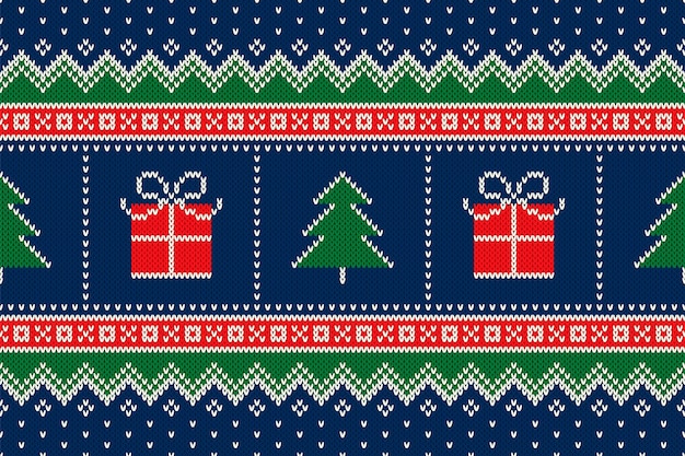 Vector winter holiday seamless knitted pattern with a christmas symbols christmas trees and present box