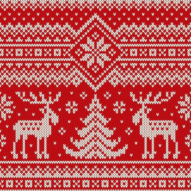 Vector winter holiday seamless knitted pattern with a christmas trees and elks