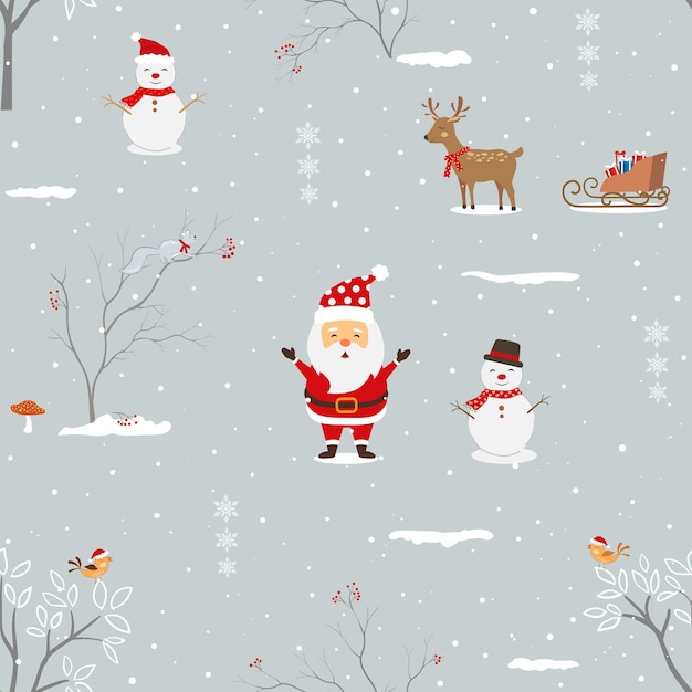 Winter holiday seamless pattern with Santa Claus and friends happy on winter night