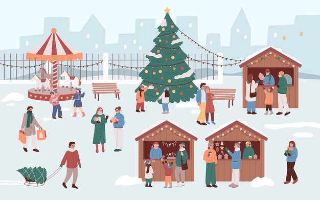 Вектор Зимние каникулы активный отдых и развлечения рождественская ярмарка рождественский базар люди покупают угощения и веселятся