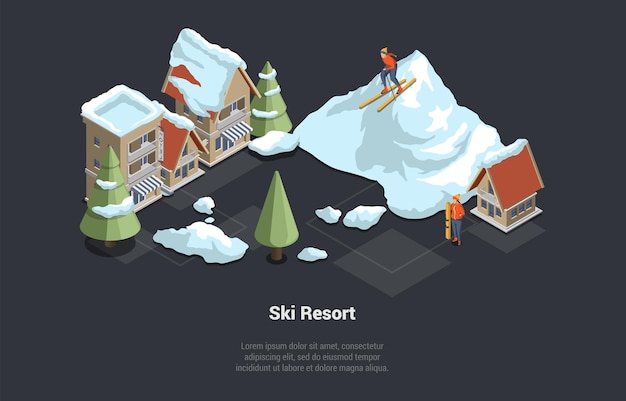 Вектор Зимние каникулы и концепция семейного отдыха роскошный горнолыжный курортный отель со снежными крышами
