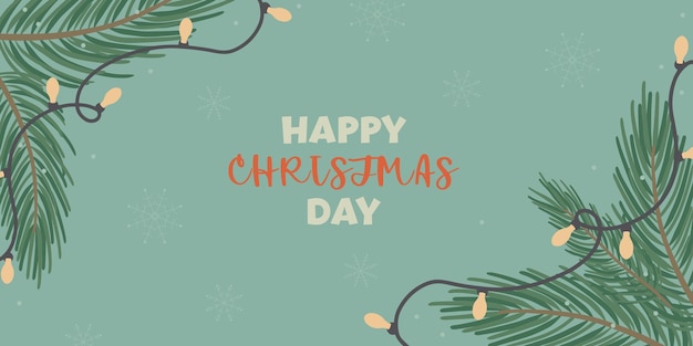 겨울 휴가 배너 디자인 복고 스타일입니다. 크리스마스 가로 배경입니다. 전나무 나뭇가지와 화환이 있는 축제 카드 템플릿입니다. 컬러 평면 벡터 일러스트 레이 션