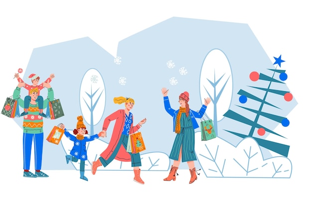 Banner di vacanze invernali con persone che acquistano regali di natale illustrazione vettoriale isolato su bianco