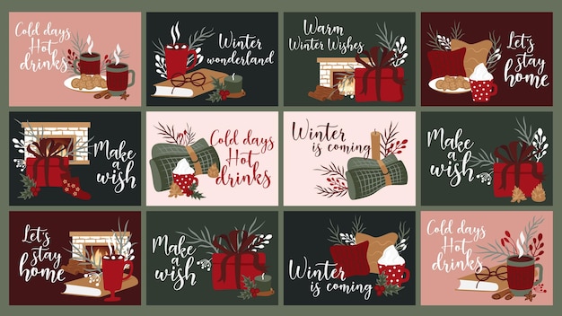 Vector winter holidays bundle set cozycollection in red and green colors greeting postcards 5x7inch