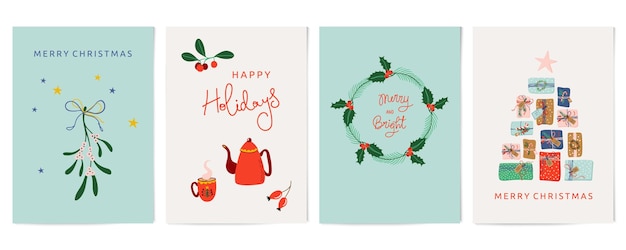 Vector winter holidays cards. christmas and new year congratulations. bundle of vector hand drawn illustrat