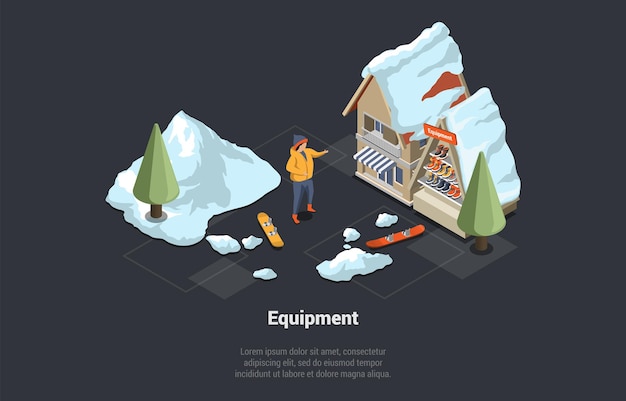 Winter Holidays And Extreme Vacations Concept Female Character Is Renting Snowboard And Coach At Ski Equipment Store Resort Girl Standing Near SnowCovered Car Isometric 3D Vector Illustration