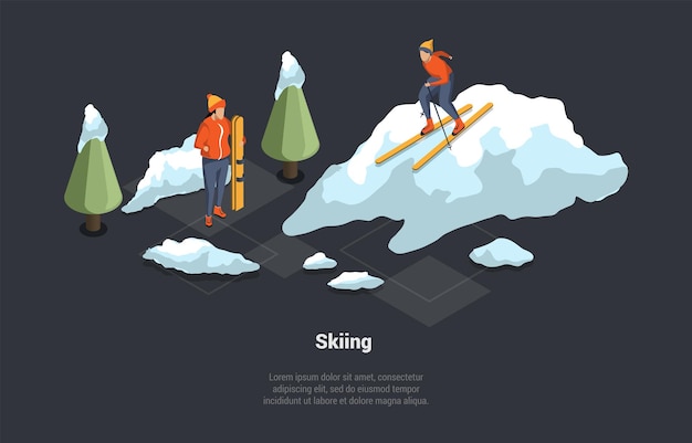 Winter Holidays Family Christmas And New Year Vacations Concept Male And Female Characters Skiing Downhill Professional Ski Competitions Or Skiing in the Forest Isometric 3D Vector Illustration