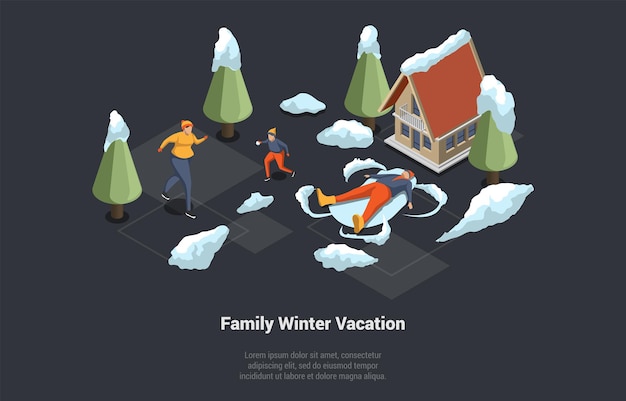 Winter holidays family christmas vacations concept family on winter vacations characters play with snow playing snowballs making snow angel having fun together isometric 3d vector illustration