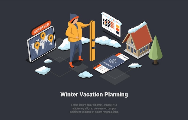 Winter Holidays Family Christmas Vacations Concept Man With Ski Ready To Go On Witer Vacations Character Book Hotel Reserve Ski Equipment Buy Tickets On Plane Isometric 3D Vector Illustration