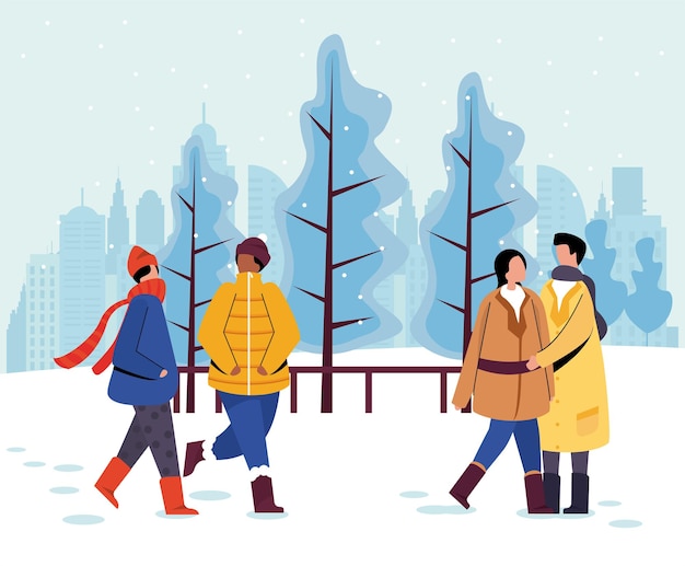 벡터 겨울 휴가 사람들은 공원에서 눈 커플, 크리스마스 그림에서 재미