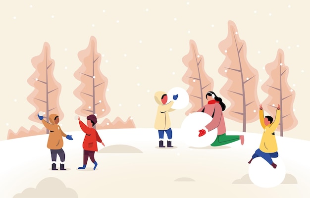 Vector winter holidays people fun in snow, children playing in the snow, park in christmas