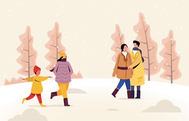 Winter holidays people fun in snow park walking christmas illustration