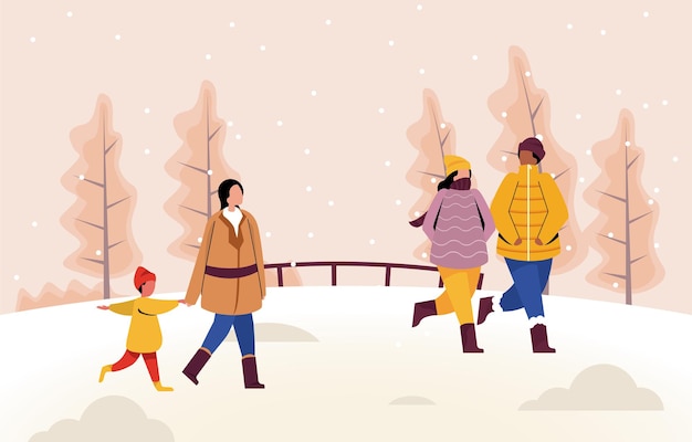 冬休みの人々は雪の散歩のイラストバナーで楽しい