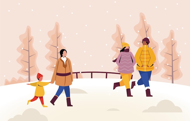 La gente di vacanze invernali si diverte nella bandiera dell'illustrazione che cammina sulla neve