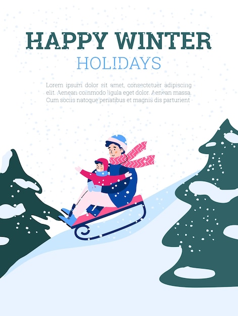 Winter holidays poster with family on a sled vector cartoon illustration