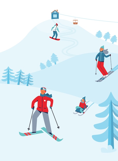 Winter holidays recreation sport activity. ski resort landscape\
with characters skiing and snowboarding. happy people riding on\
snowy downhill.