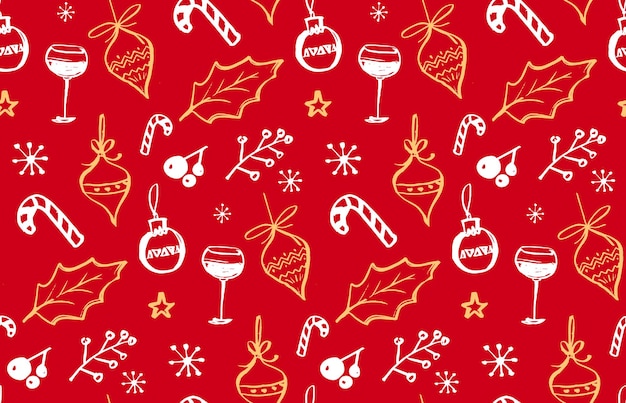 Winter holidays seamless pattern with doodle illustrations of wine glass christmas decorations