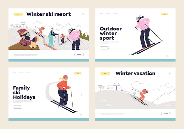 Vacanze invernali sulla stazione sciistica per il concetto familiare di pagine di destinazione impostate con persone che si divertono a sciare