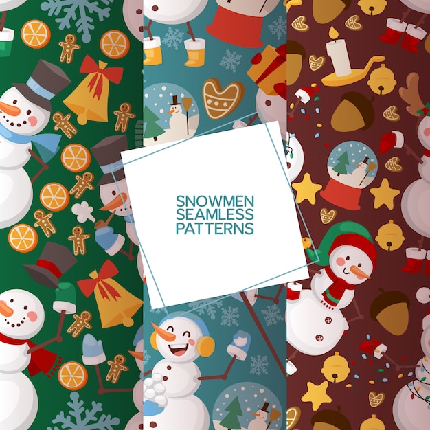 Winter holidays snowman set of seamless patterns vector illustration. cheerful snowmen in different costumes and outfits.