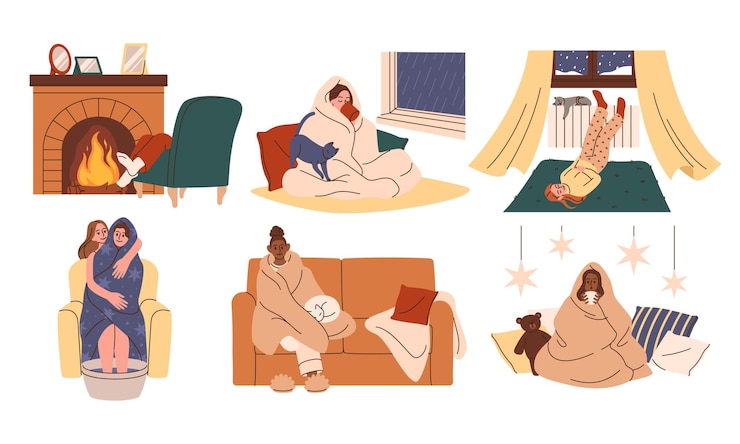 Vector winter home character under blanket cozy relax sick shivering frozen room person is cold furnace inside house people wrapped in scarf and plaid fireplace heat vector concepts set