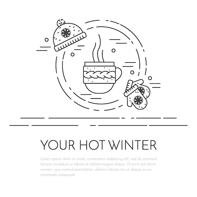 Winter horizontal banner with cup of tea, mittens, and hat in line art.